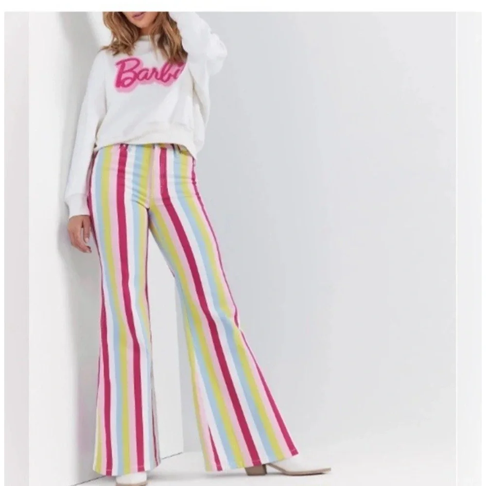 Wrangler Barbie Jeans Womens 29x31.5 Multicolor Striped Flare Denim Barbiecore - Picture 15 of 15